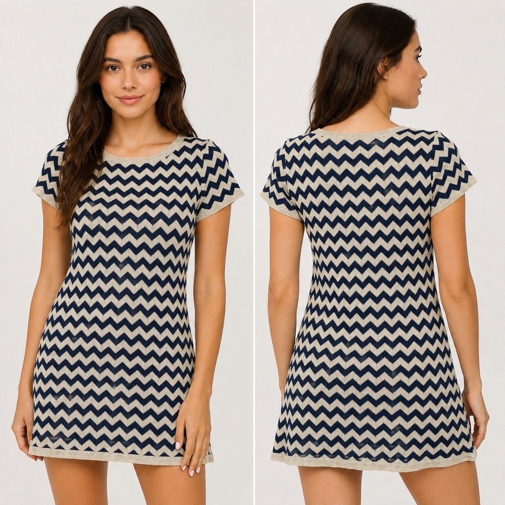 Lilly Pulitzer Navy Gold Metallic Chevron Merino Wool‎ Knit Short Sleeve Dress L